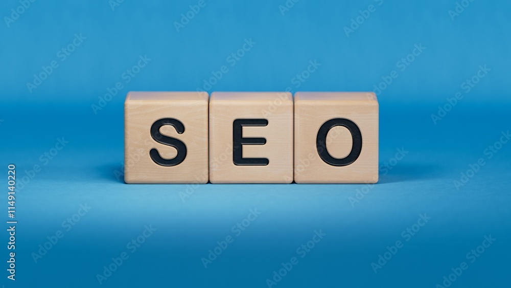 Business and design concept - surreal wood cube with text SEO. the symbol of leadership, communication and success.Business Concept.3D rendering on blue background. Business and design concept - surreal wood cube with text SEO. the symbol of leadership, communication and success.Business Concept.3D rendering on blue background.
