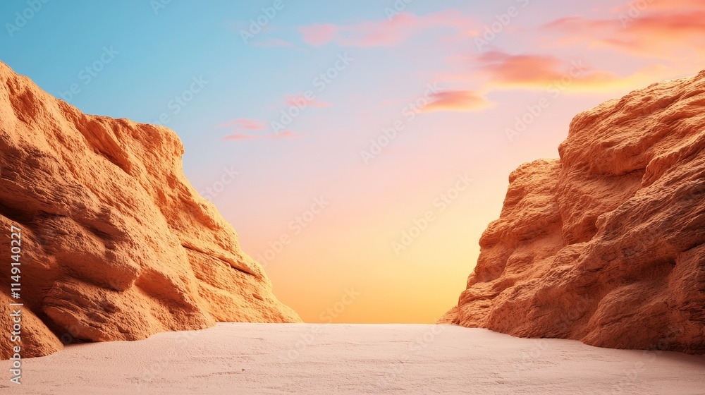 A serene desert landscape with golden rock formations and a vibrant sunset sky, creating a tranquil atmosphere of nature's beauty. A serene desert landscape with golden rock formations and a vibrant sunset sky, creating a tranquil atmosphere of nature's beauty.