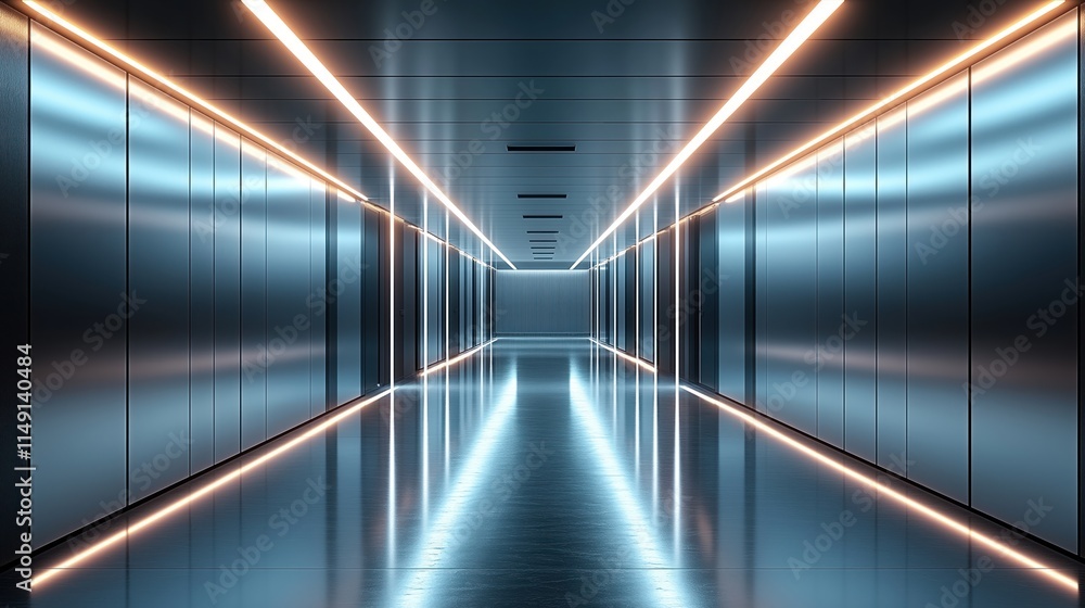 Empty contemporary office corridor. Modern design with illuminated walls, polished floor. Long hallway with reflective surface. Modern building interior rendering. Empty space ideal for mockups. Empty contemporary office corridor. Modern design with illuminated walls, polished floor. Long hallway with reflective surface. Modern building interior rendering. Empty space ideal for mockups.