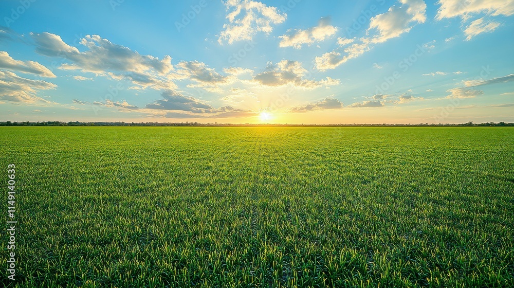 Naklejka premium Breathtaking sunrise over a lush paddy field, with soft bokeh effects creating a tranquil atmosphere, showcasing the beauty of farming and nature at dawn.