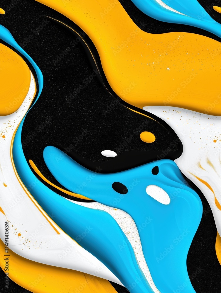 Obraz premium Playful abstract composition with wavy shapes in blue, yellow, black, and white