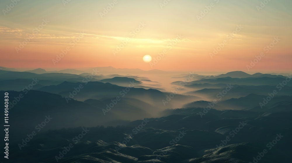 Fototapeta premium Serene Sunrise Over Misty Mountains: A Breathtaking Panorama