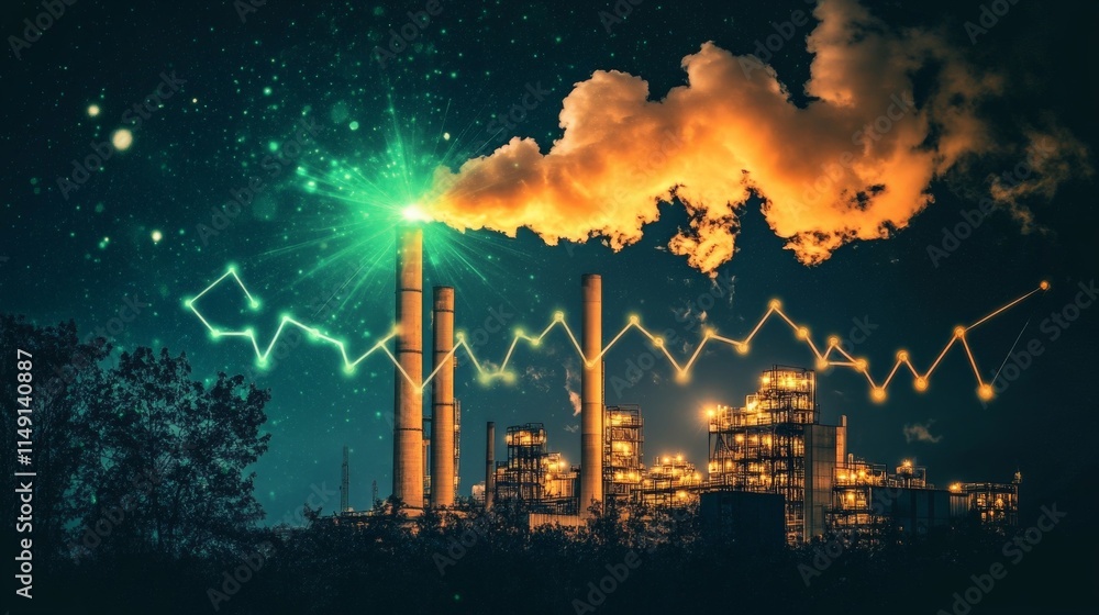 Fototapeta premium Growing Green Energy Emissions in Industrial Landscape