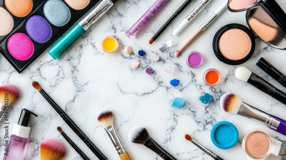Beauty Products and Makeup Accessories on Marble Surface Beauty Products and Makeup Accessories on Marble Surface
