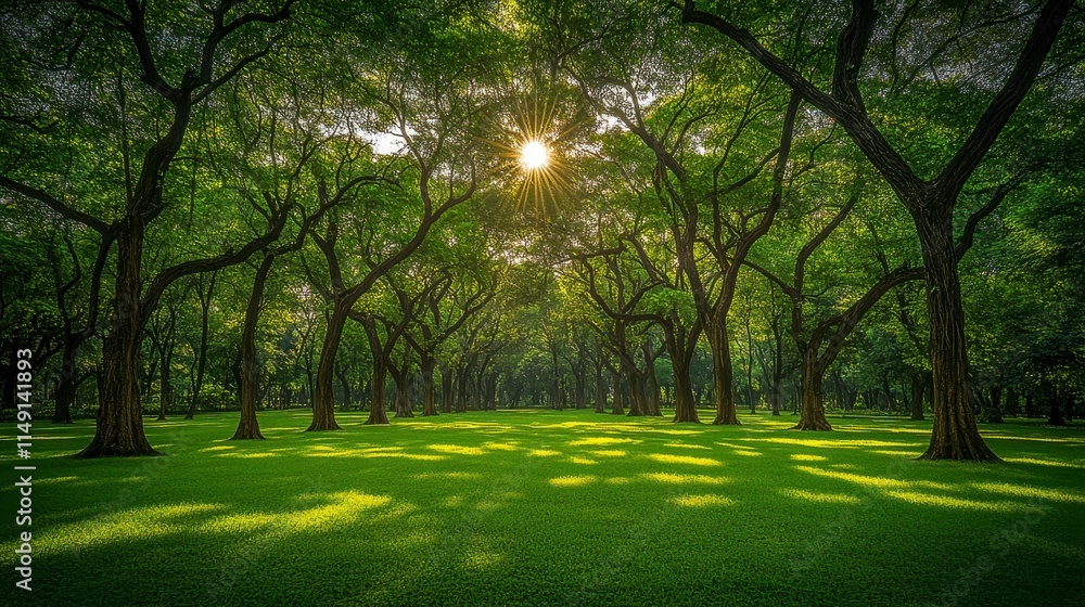 Early morning light bathing the green grass field in Vachirabenjatas Park, Bangkok, with fresh trees adding to the peaceful, nature-filled atmosphere of the park. Early morning light bathing the green grass field in Vachirabenjatas Park, Bangkok, with fresh trees adding to the peaceful, nature-filled atmosphere of the park.