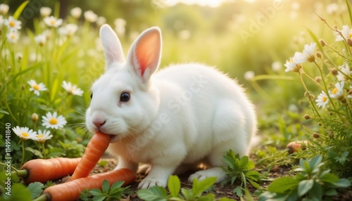 White rabbit nibbling on a carrot in the grass surrounded by daisies.Innocence. Nature's simplicity. Spring joy.Easter celebration, spring holiday, outdoor event, children's party, farm theme, gardeni photo