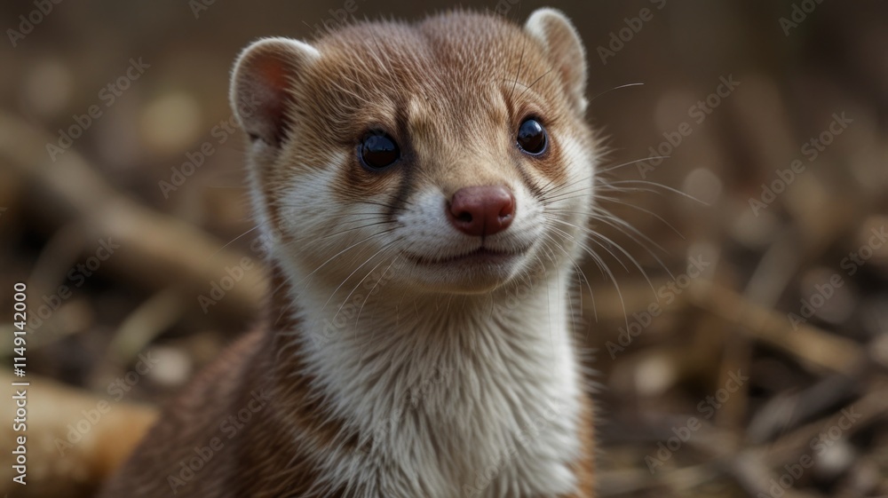 Fototapeta premium Close-up portrait of a curious, light brown weasel with dark eyes and white chest, looking towards the viewer.