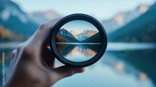 Hand holds camera lens focusing on tranquil lake landscape with mountains reflecting. Person searches for future vision through lens. Focus on nature, inspiration. Discovering new horizons. Searching