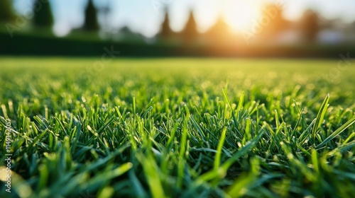 The soft glow of morning sunlight over the green grass field at Vachirabenjatas Park, Bangkok, highlighting the lush greenery and peaceful environment of the park.