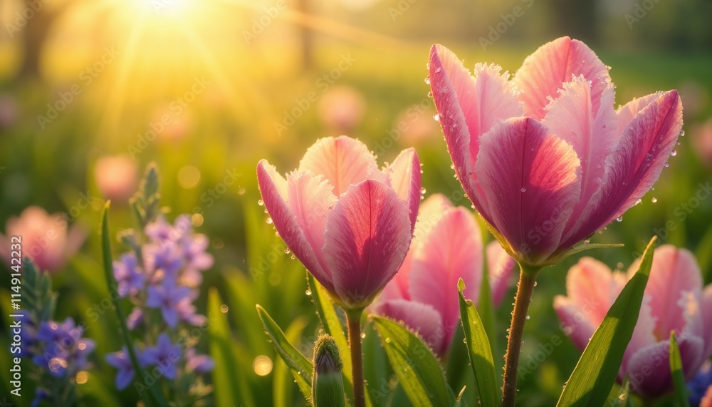 Pink tulips covered in dew drops with sunlight in the background.Freshness. Beauty. Morning bloom.Spring flowers, floral greeting card, Mother's Day, garden poster, nature-themed decoration, outdoor c Pink tulips covered in dew drops with sunlight in the background.Freshness. Beauty. Morning bloom.Spring flowers, floral greeting card, Mother's Day, garden poster, nature-themed decoration, outdoor c