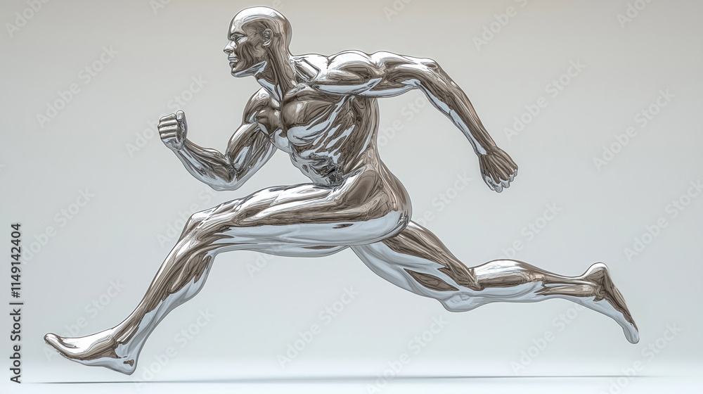 Silver metal statue of a male athlete running. Muscular body in dynamic action pose. Determined expression. Studio shot on white background. Modern art piece. Focus on athleticism and body form. Silver metal statue of a male athlete running. Muscular body in dynamic action pose. Determined expression. Studio shot on white background. Modern art piece. Focus on athleticism and body form.