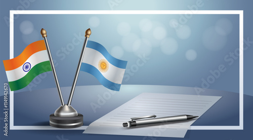 India and Argentina National flags on small table with bokeh background, cooperative relationship