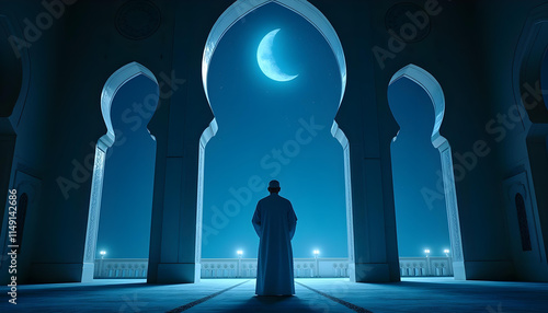 muslim man inside a mosque with a crescent moon background