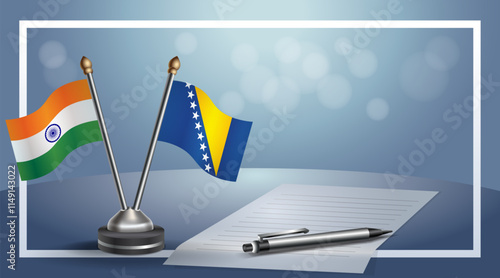 India and Bosnia and Herzegovina National flags on small table with bokeh background, cooperative relationship