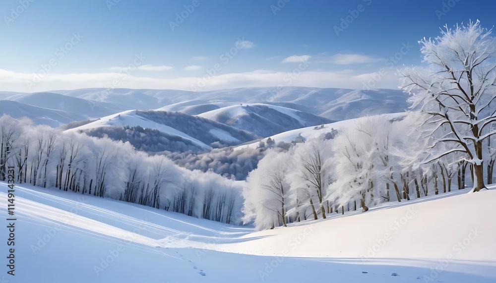 Winter wonderland snowy mountainscape with frost covered trees Winter wonderland snowy mountainscape with frost covered trees