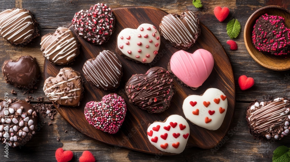 A display of heart-shaped chocolates decorated for a festive occasion. A display of heart-shaped chocolates decorated for a festive occasion.