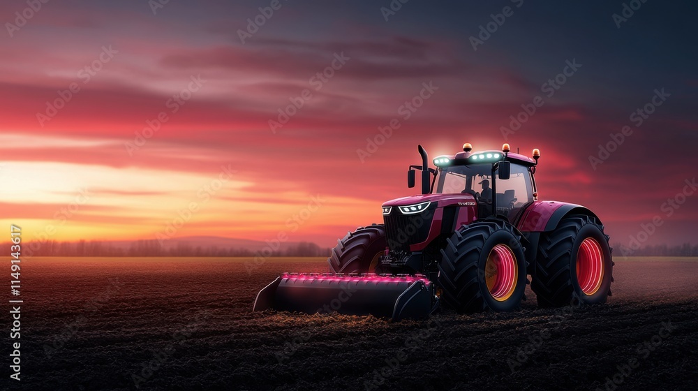 Modern red tractor working on field during sunset with dramatic sky and colorful clouds in the background Modern red tractor working on field during sunset with dramatic sky and colorful clouds in the background