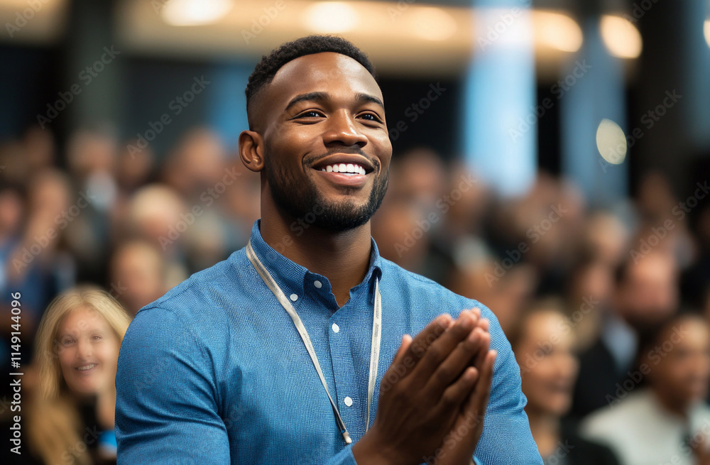 Naklejka premium Happy young professional clapping hands in audience