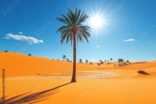 Solitary palm tree stands amidst vast oasis in desert landscape. Bright sunlight illuminates scene casting shadows on sand dunes. Many palm trees scattered throughout area. Tranquil arid environment