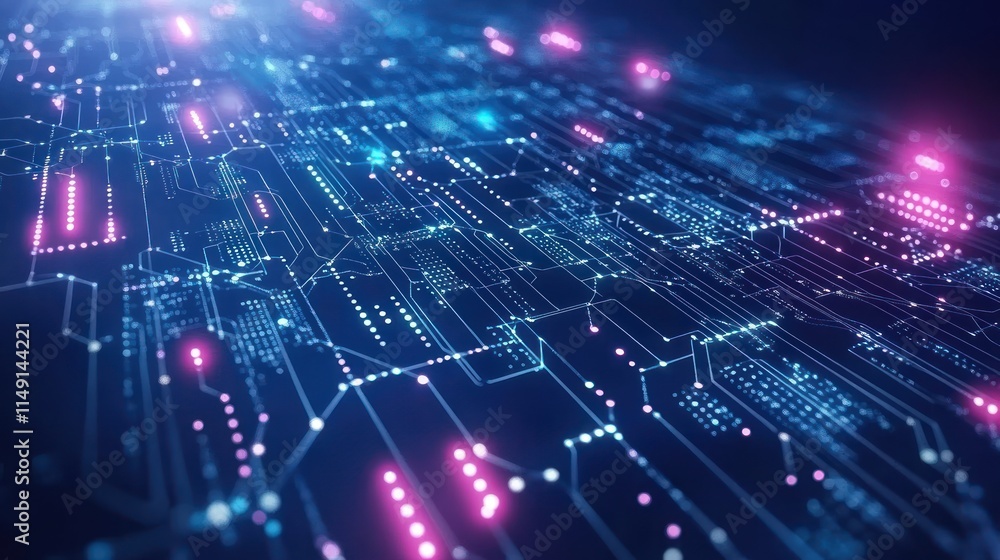 Abstract digital technology background with glowing circuit board lines and nodes. Abstract digital technology background with glowing circuit board lines and nodes.