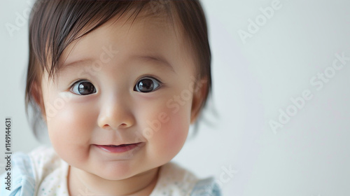 Portrait of asian smiling baby showing first teeth with Copyspce photo