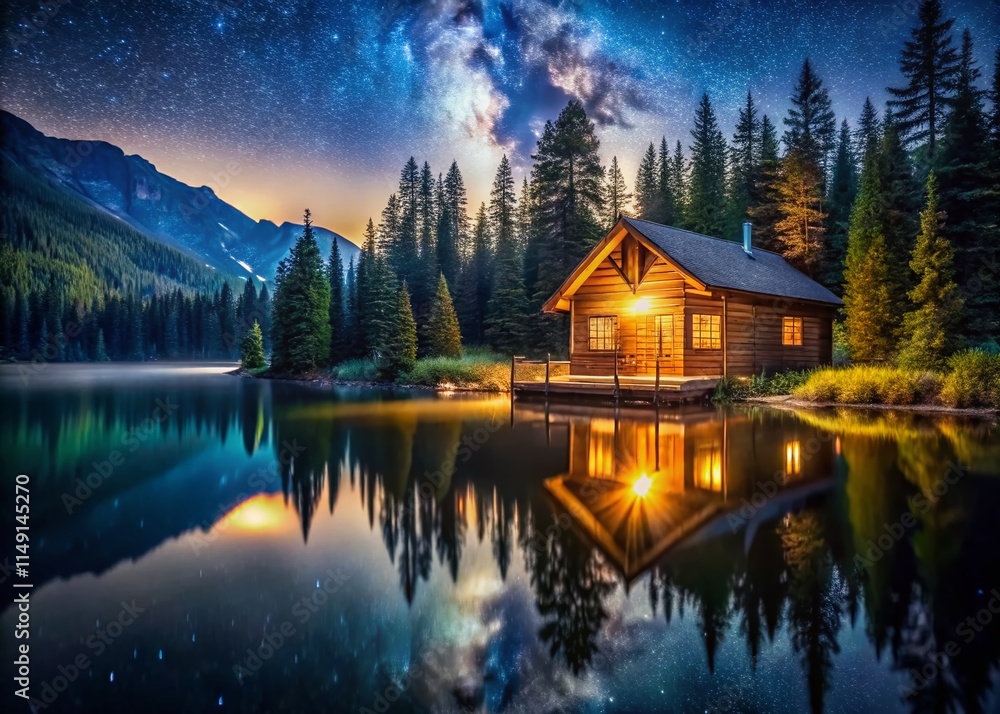 Fototapeta premium Low Light Lake Cabin Photography: Serene Night Scene, Italian Lakeside Cottage, Dark Ambiance, Moody Lighting, Calm Waters, Starry Sky, Rustic Charm, Night Photography