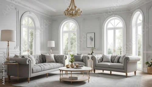 Elegant Living Room with Grey Sofas and Classic Decor