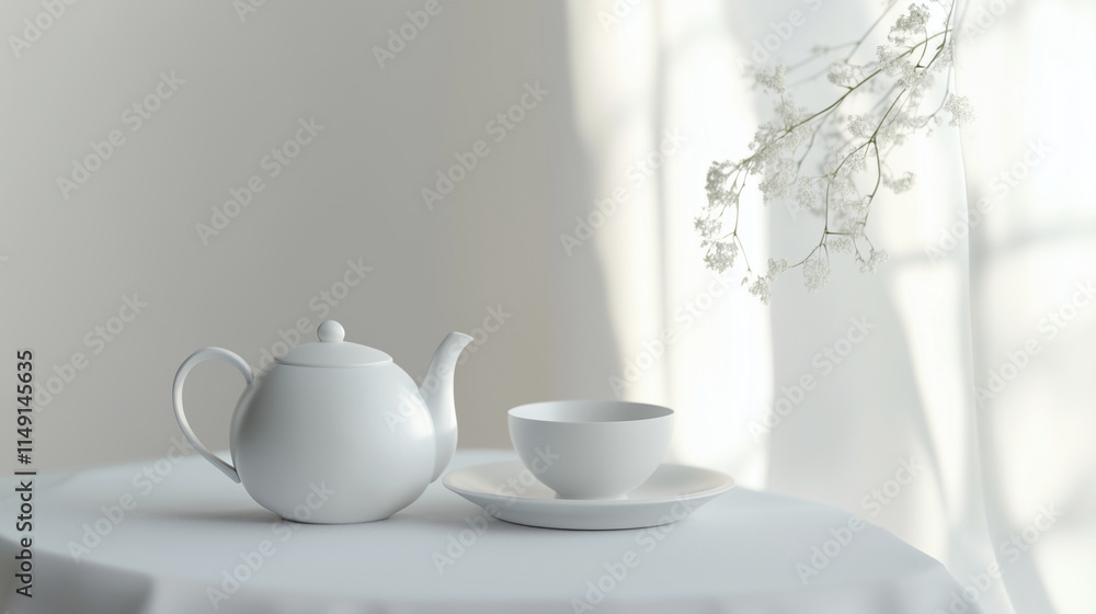 An artistic representation of a tea ceremony setup with a white teapot, cup, and saucer, all against a white background to symbolize tranquility and elegance. An artistic representation of a tea ceremony setup with a white teapot, cup, and saucer, all against a white background to symbolize tranquility and elegance.
