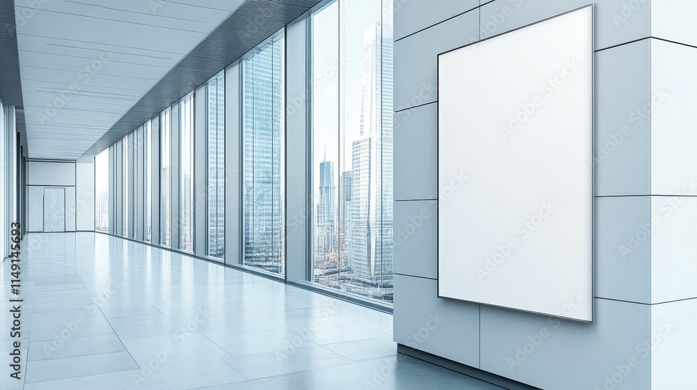 Obraz premium A modern hallway with large windows and a blank poster board for advertising.