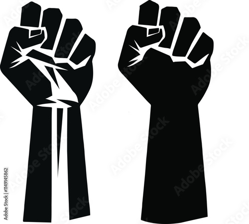 Raised fist line art vector illustration, clenched fist hand sign, fist up hand symbol clip art image, Hand fist black silhouette vector perfect for powerful and symbolic graphic designs.