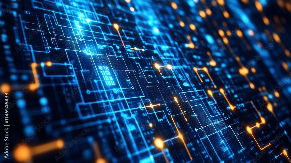 Obraz premium A digital circuit board design featuring blue and orange light patterns.