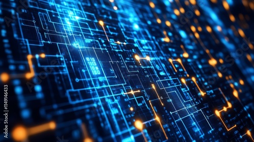 A digital circuit board design featuring blue and orange light patterns.