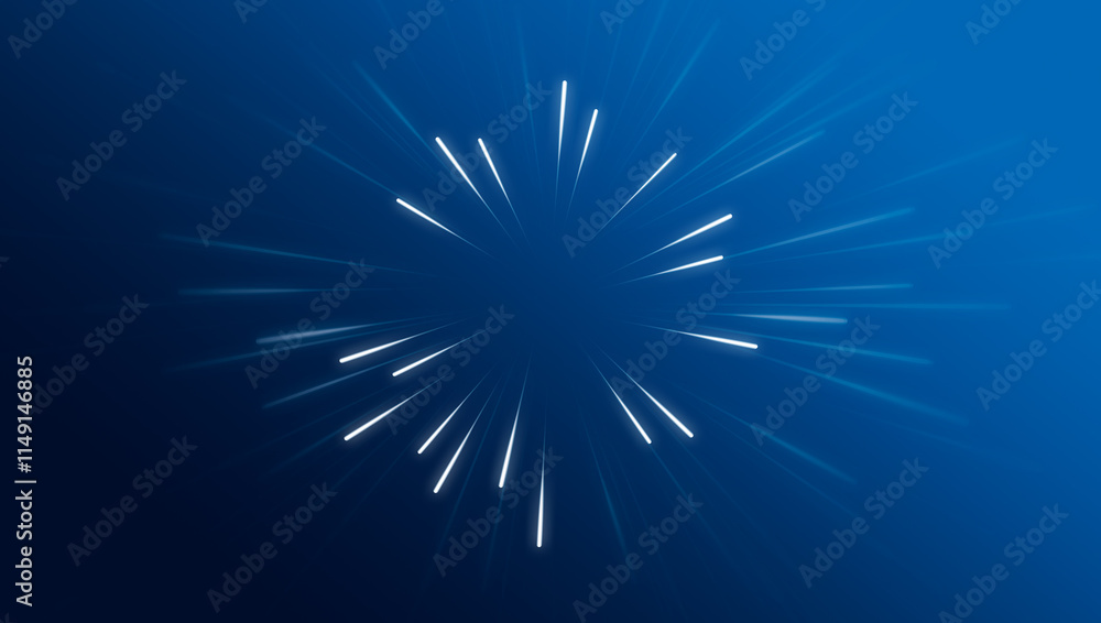 Fototapeta premium Blue neon light streaks radiating from the center on a dark background, evoking themes of technology, big data, and bots. Light effect. Dynamic radial glowing lines in motion 