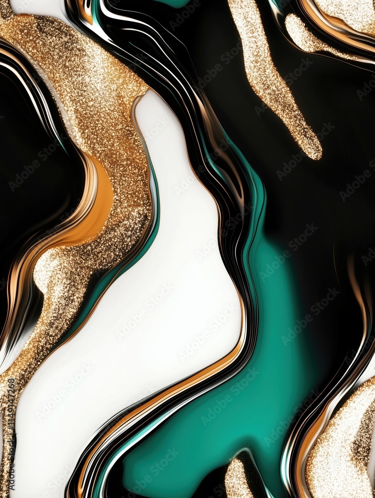 Obraz premium Teal and gold abstract composition with fluid and glitter elements