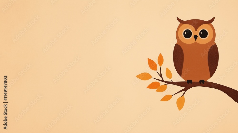 Stylized Owl Perched on Branch with Autumn Leaves Against Minimal Neutral Background for Seasonal Design Inspiration Stylized Owl Perched on Branch with Autumn Leaves Against Minimal Neutral Background for Seasonal Design Inspiration