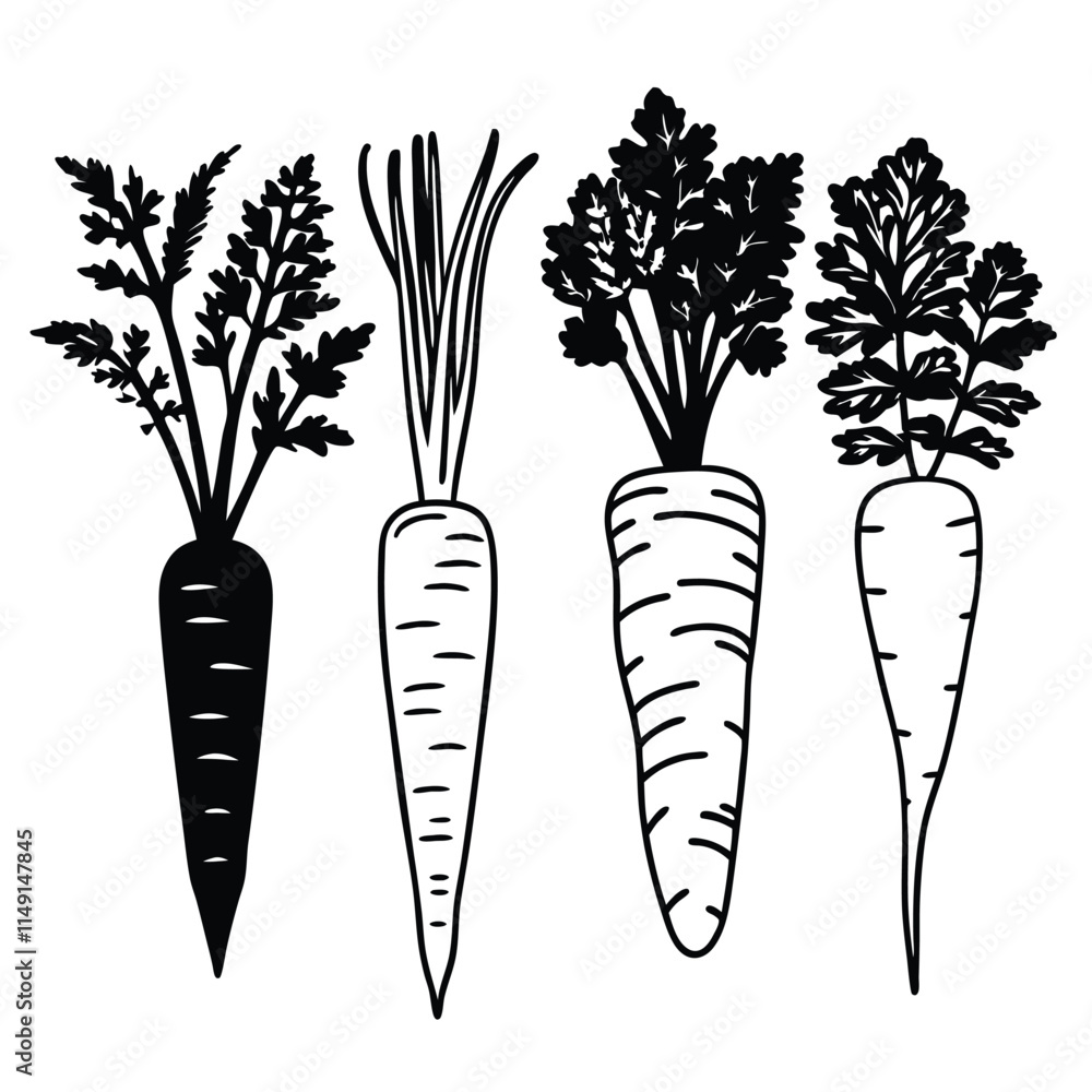 Black and White Carrot Icons silhouette design. Black and White Carrot Icons silhouette design.