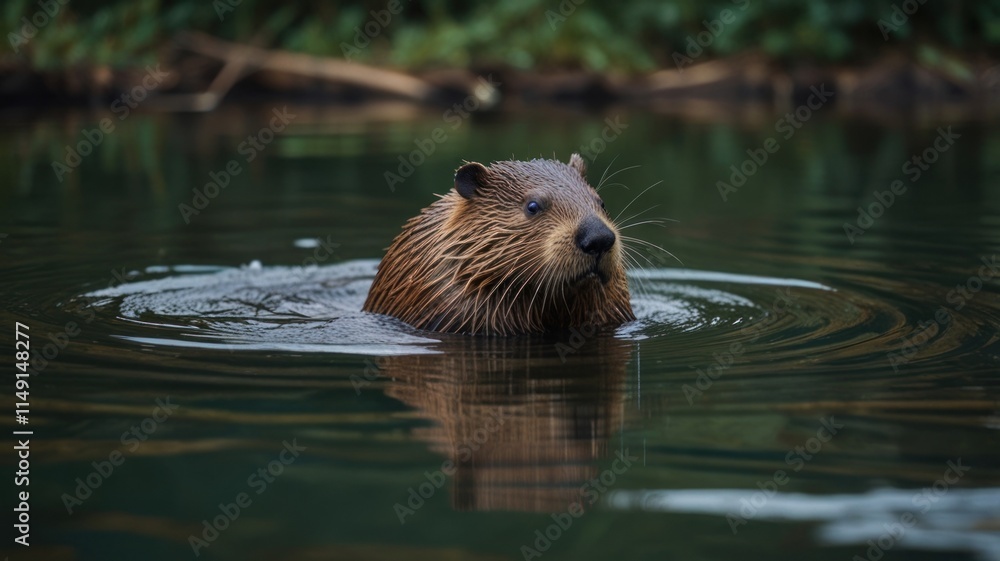 A brown, rodent-like creature, a coypu, swims in dark water with ripples. A brown, rodent-like creature, a coypu, swims in dark water with ripples.