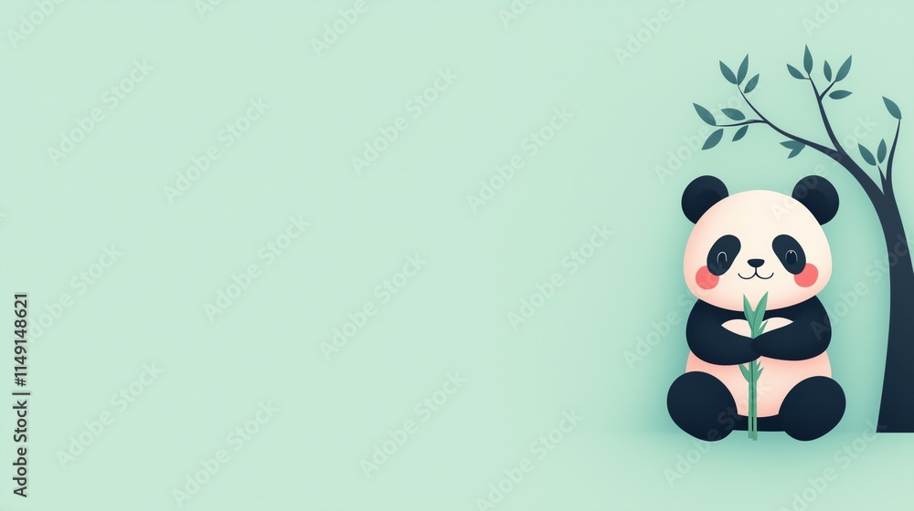 Cute Panda Holding Bamboo with Simple Tree Illustrating Minimalist and Whimsical Design in Pastel Green Background for Child-Friendly Imagery and Nature-Themed Concepts Cute Panda Holding Bamboo with Simple Tree Illustrating Minimalist and Whimsical Design in Pastel Green Background for Child-Friendly Imagery and Nature-Themed Concepts