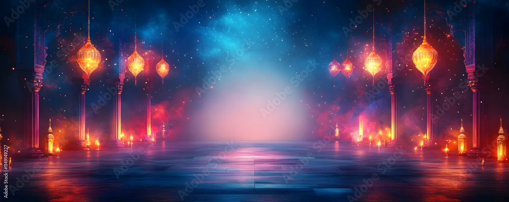 Obraz premium A vibrant, mystical scene with glowing lanterns and a dreamy background.