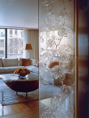 Frosted etched glass divider with floral motifs and sculptural accents, placed in a cozy living room to provide separation and light. photo