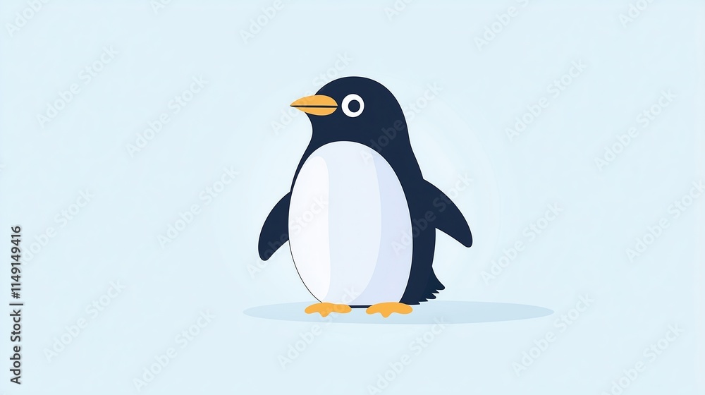 Fototapeta premium Cute Cartoon Penguin Waddling on Ice with Wings Spread in Minimalistic Design for Winter Themed Illustrations and Children's Book Covers