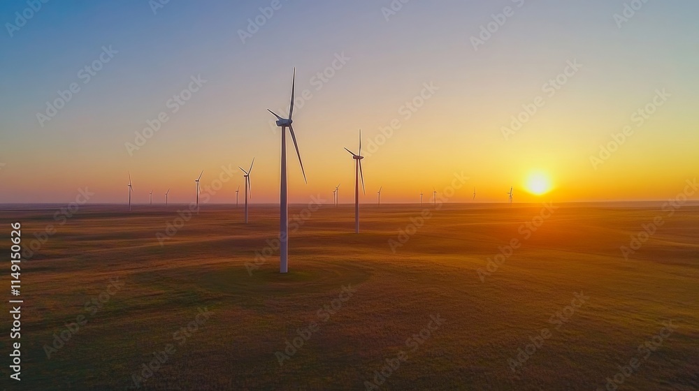 Obraz premium Sunset over wind farm: tall turbines dotting serene landscape during golden hour