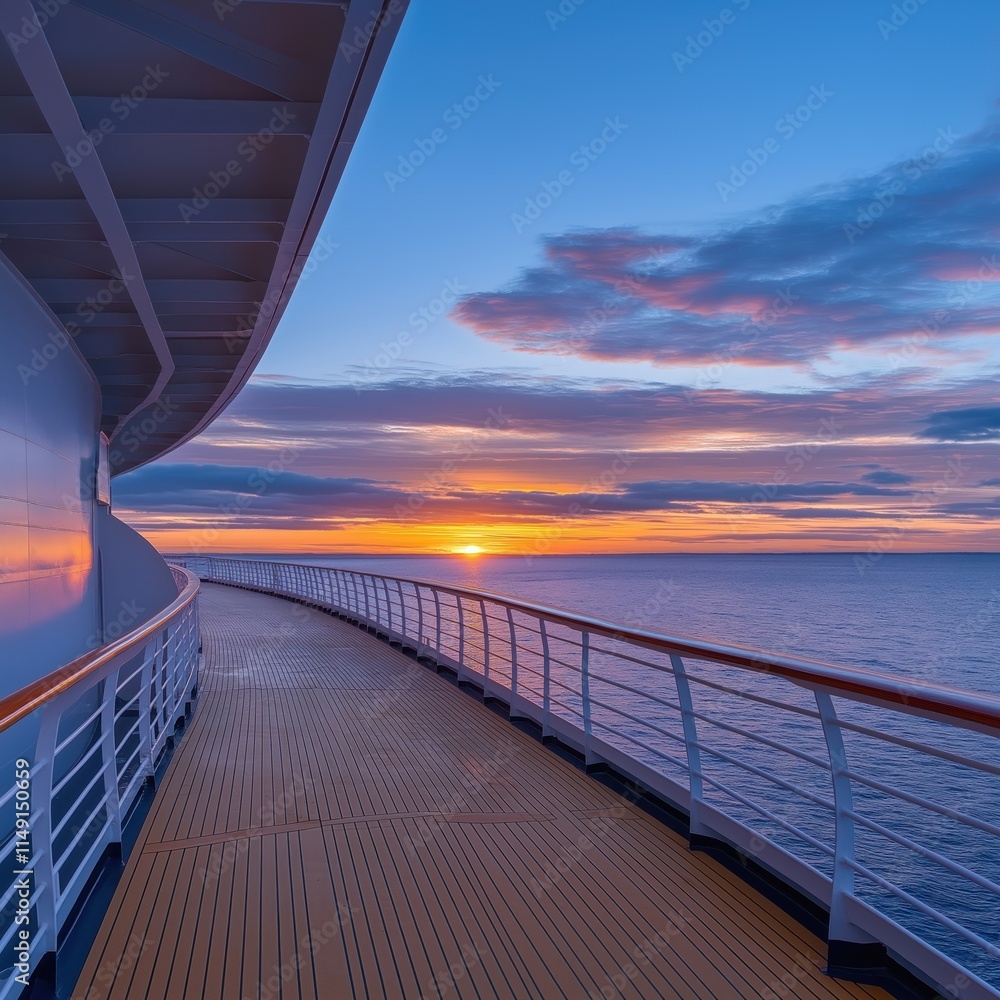 Obraz premium Sunrise over Baltic Sea from cruise ship deck. Stunning colors on horizon. Wooden deck, railing provide perfect spot to watch sunrise. Ocean view. Peaceful atmosphere. Cruise ship. Vacation on ship.