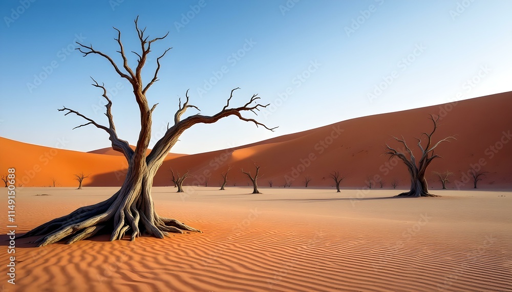 Árboles secos y dunas de arena en un paisaje desértico.