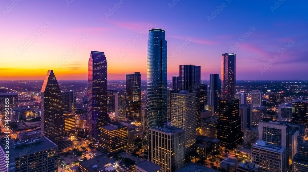 Obraz premium Houston skyline at sunset with colorful evening sky and illuminated skyscrapers