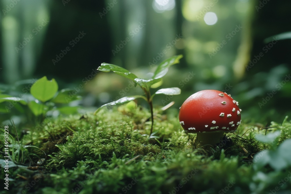Enchanting forest scene with red mushroom amidst lush greenery