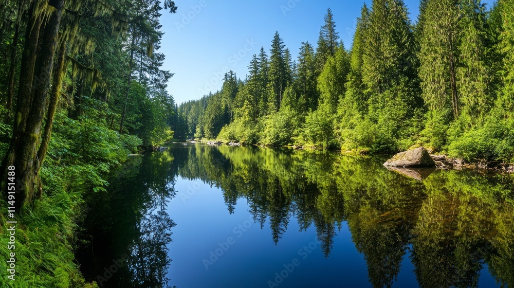 Serene forest landscape with reflective lake under clear blue sky Serene forest landscape with reflective lake under clear blue sky