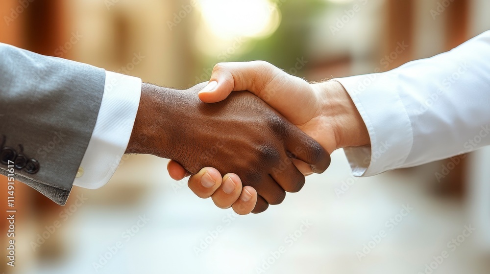 Close-up of an African American businessman and Caucasian client shaking hands, emphasizing the symbolic gesture of agreement, successful teamwork, and contract signing in business. Close-up of an African American businessman and Caucasian client shaking hands, emphasizing the symbolic gesture of agreement, successful teamwork, and contract signing in business.