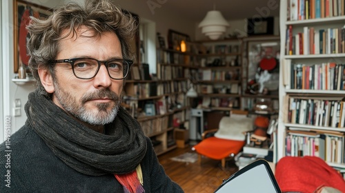 Pensive professional man in a modern home office, working diligently on a tablet with a serious demeanor, showing his commitment to professional tasks. photo