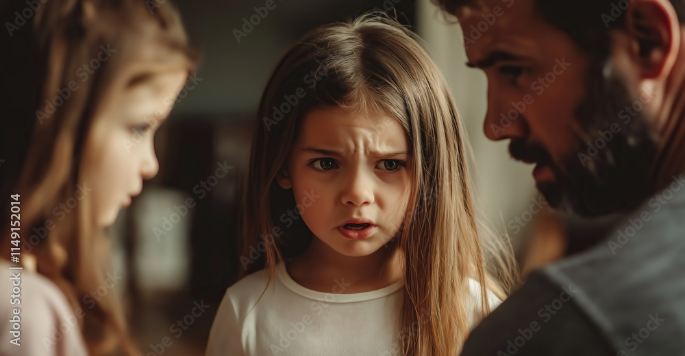A child cries while parents argue in the background. The crying child highlights the emotional pain and turmoil caused by parental arguments. Generative AI. A child cries while parents argue in the background. The crying child highlights the emotional pain and turmoil caused by parental arguments. Generative AI.